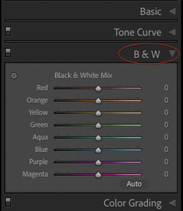 Screenshot Lightroom B&W panel
