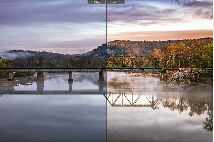 a before and after image of a bridge with and without post processing