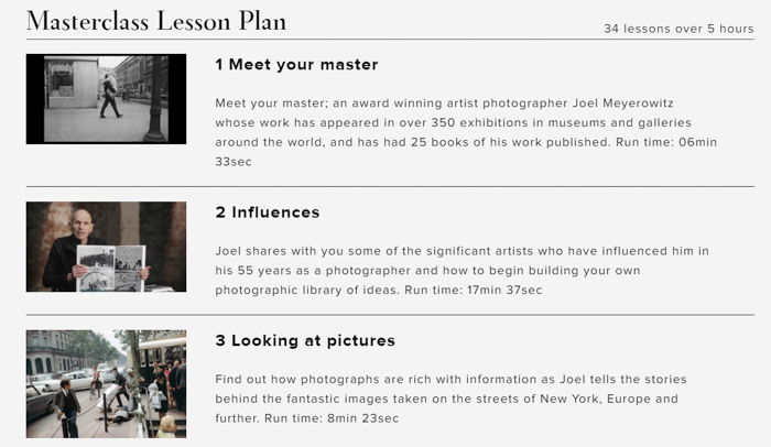 A screenshot of Joel Meyerowitz masterclass contents and structure