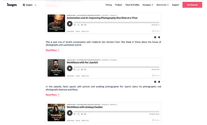 Screenshot of Imagen's Workflows Podcast. Showing three episodes.