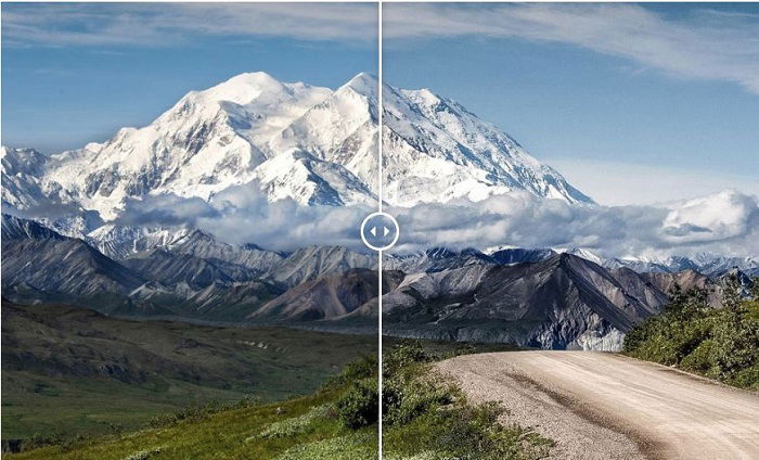 Showing a before and after photograph of a mountain range using free Lightroom presets