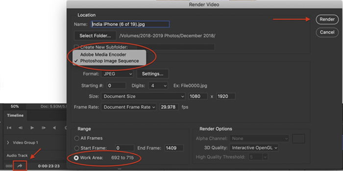 Screenshot of Photoshop Render Video dialogue box