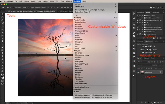 Photoshop CC workspace featuring an image of a sunset and tree