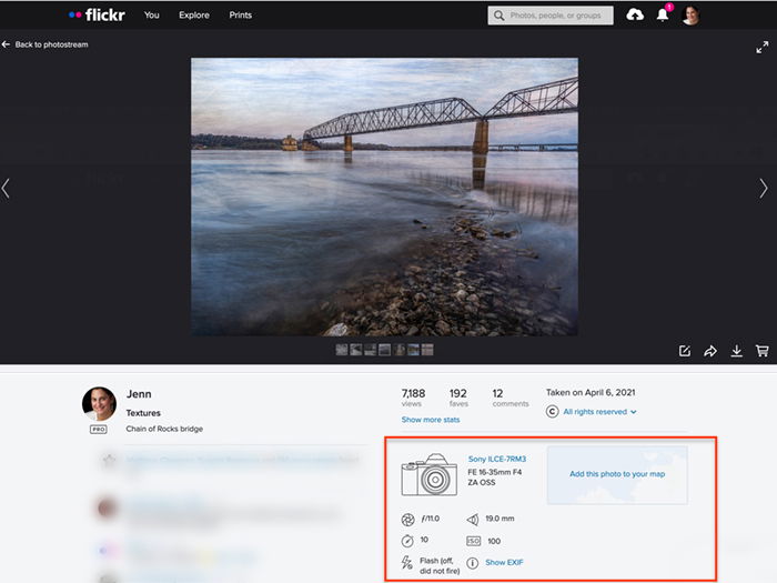 screenshot of Flickr photo showing EXIF data