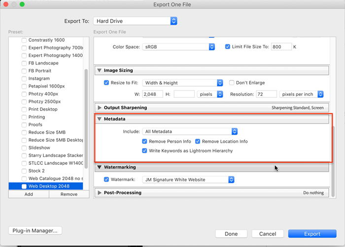 a screenshot of Lightroom export panel