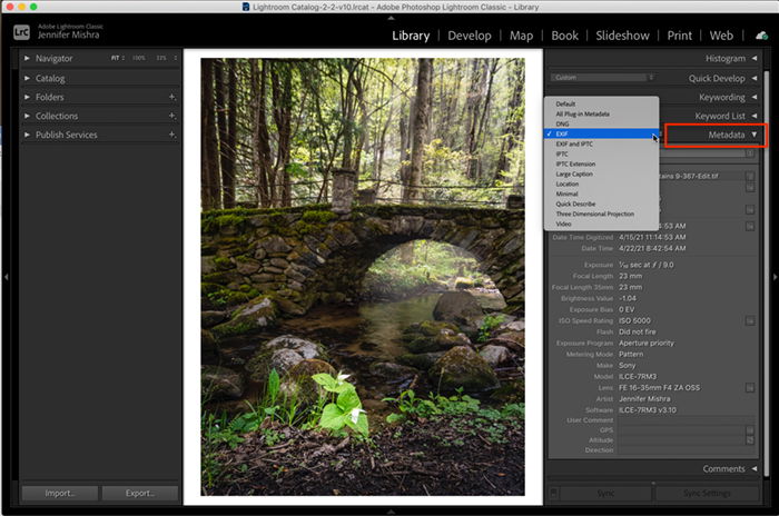 Lightroom classic workspace showing metadata panel