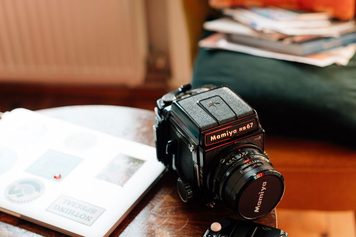 an image of a Mamiya rb67 camera on a desk