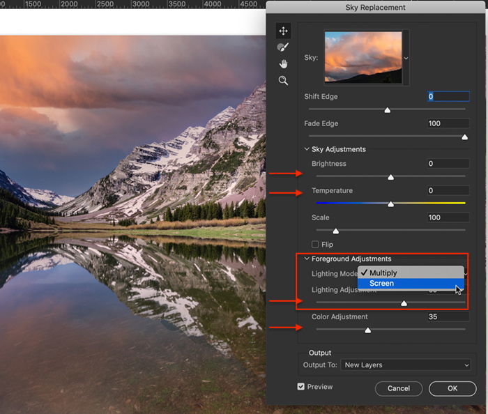 Photoshop screenshot sky replacement lighting controls