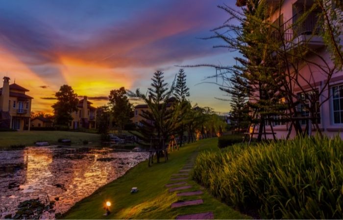 Twilight shot of a Luxury Europe style house village near beautiful environmental garden