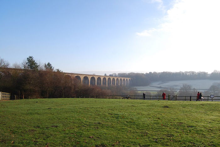 image of green field with a bridge in the background