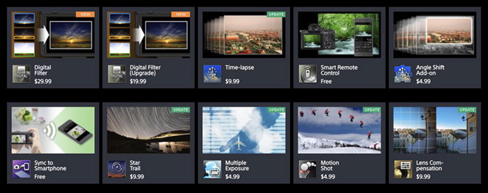 Screenshot showing a selection of PlayMemories camera apps that can be downloaded onto the Sony a7II.