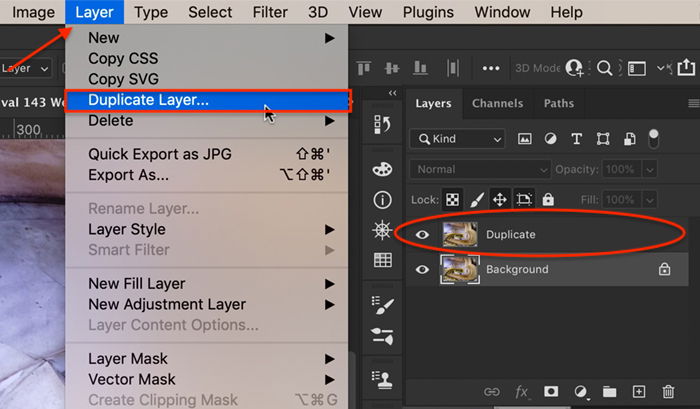 Screenshot showing how to create a duplicate layer in Photoshop