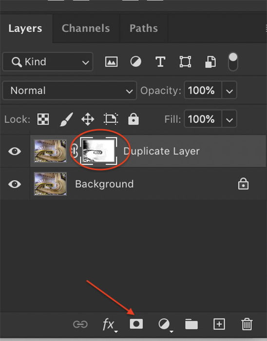 Screenshot showing how to create a layer mask in Photoshop.