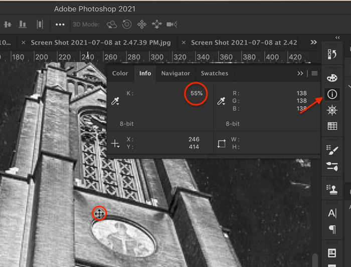 Screenshot of Photoshop Info panel showing 55% value for selected pixels