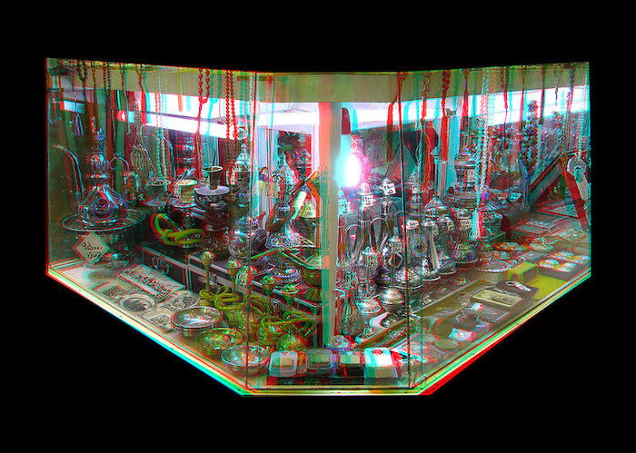 3D photo of a showcase of decorative pipes in a bazaar