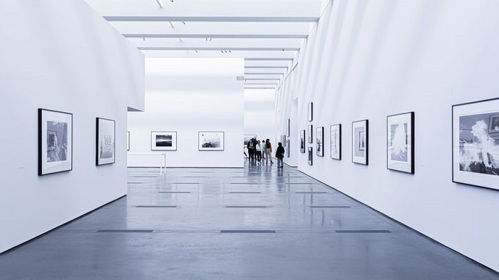 black and white image of an art gallery