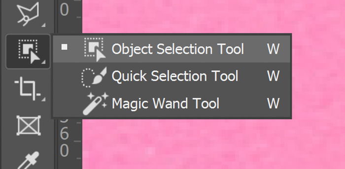 Closeup of choosing object selection tool photoshop from the selection tool menu