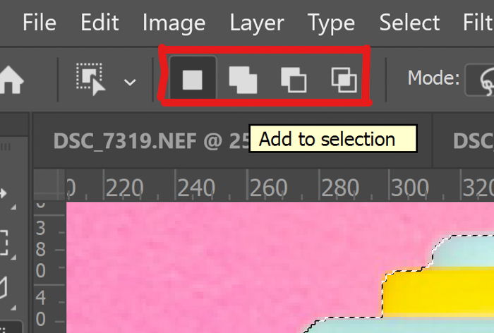 Closeup of add and subtract selection tools