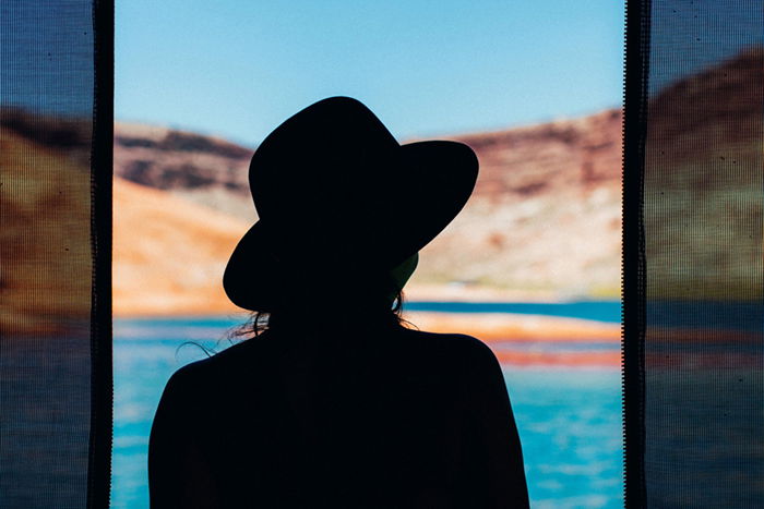 A silhouette of a woman and drapes against a blurred water and landscape