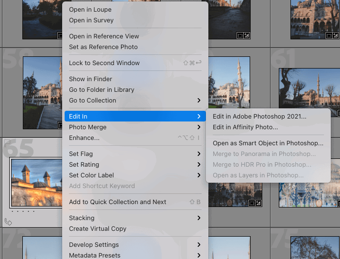 Lightroom menu - Edit In