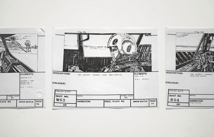 Four snapshots from a storyboard, with each snapshot depicting different stages of an airplanes flight. 