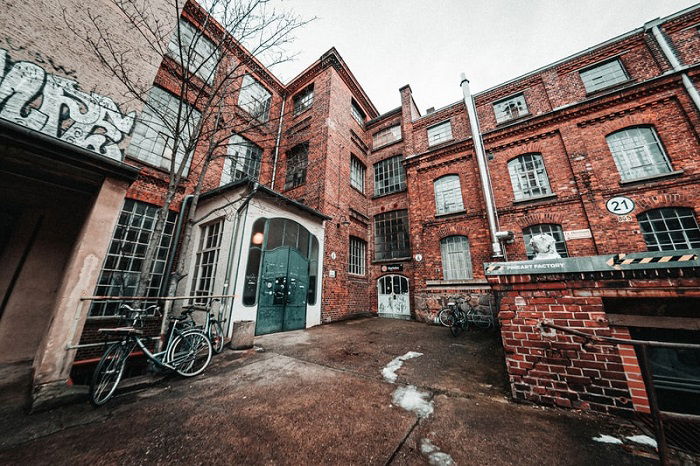 red brick urban scene taken with a wide angle lens