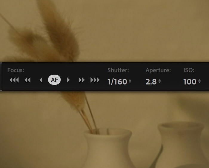 closeup of lightroom tethering exposure settings