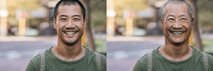 Side by side potrait comparison of a young man aged with Adobe Photoshop software