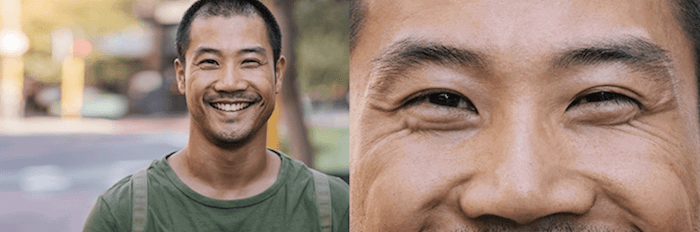 AI Photography: Side by side comparison of a portrait of a man and a zoomed-in image of his facial features