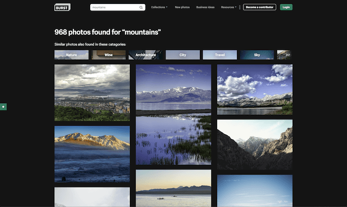 best stock photo sites: screenshot of the search results for mountains on burst.com