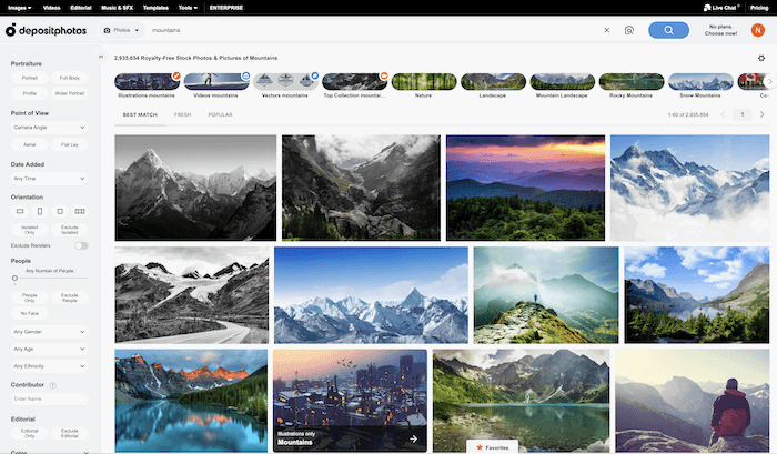 best stock photo sites: screenshot from depositphotos.com after searching for mountain landscape