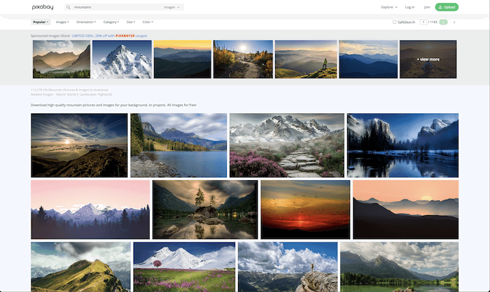 best stock photo sites: stock image search results for mountains on Pixabay.com