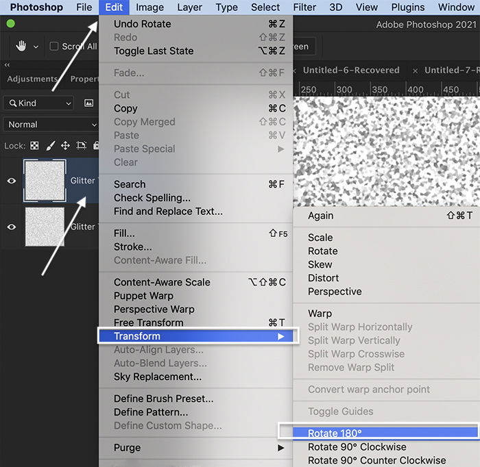 glitter texture in photoshop: Photoshop screenshot of transforming rotating duplicate layer 180 degrees