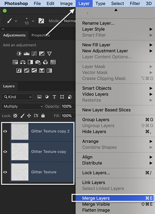 glitter texture in photoshop: Photoshop screenshot of merge layers for glitter texture