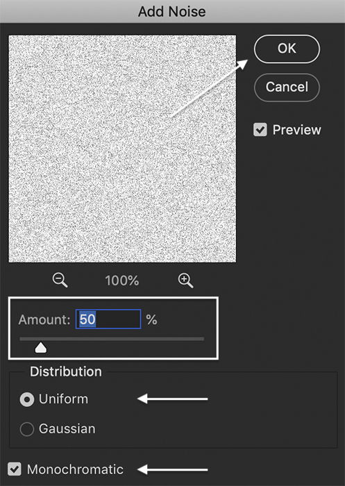 glitter texture in photoshop: Photoshop screenshot of add noise filter