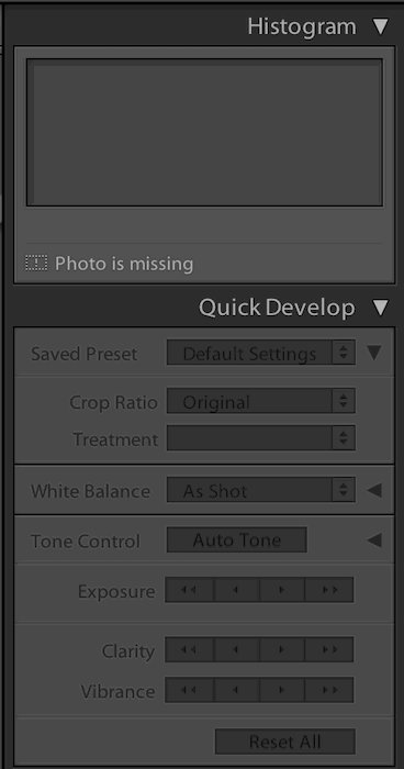 histogram drop down menu with quick develop feature in Lightroom