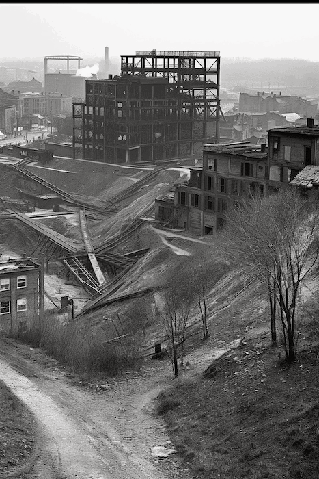 An urban landscape, showing an abandoned industrial site.