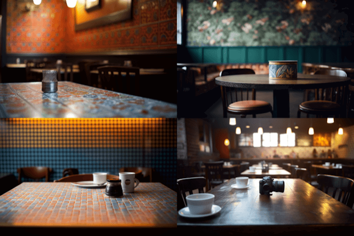 A collage of four pictures showcasing the interior design and ambiance of a restaurant.