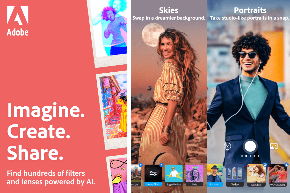 Ad and screenshots for some of Adobe Photoshop's features as one of the best camera apps for Android