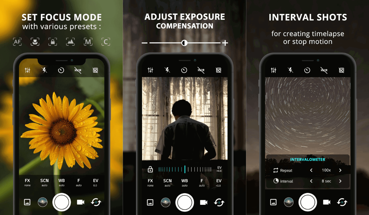 Screenshots of some of the ProCam X Lite's features as one of the best camera apps for Android