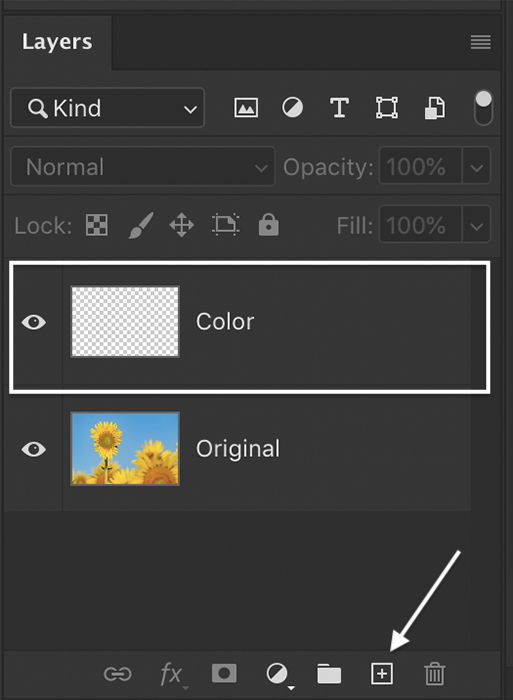 blending colors using layers: Photoshop screenshot of adding a new layer in th layers panel