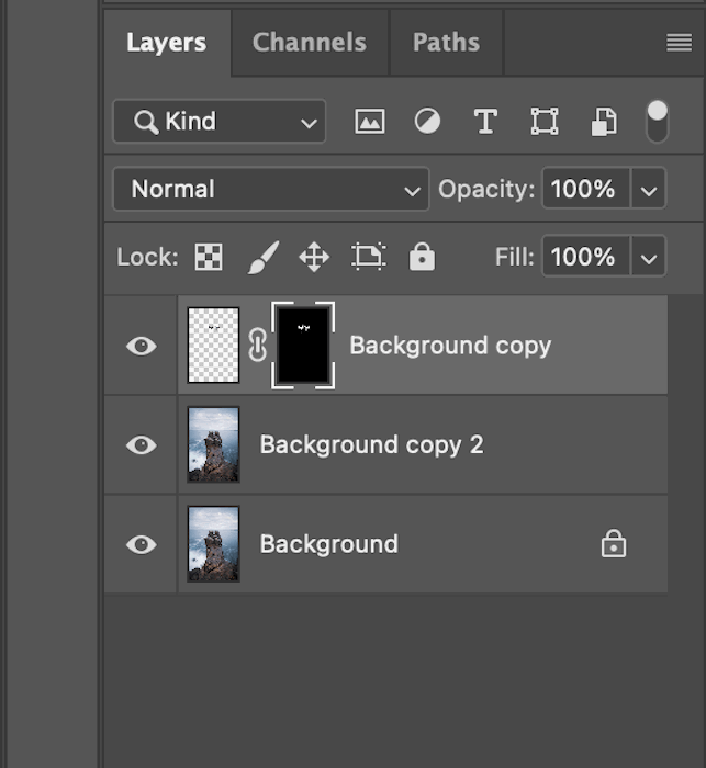 Layers panel showing layer mask in Photoshop for composite photography