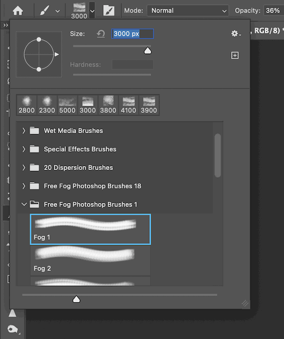 Highlighted Brush tool Fog preset in Photoshop for composite photography