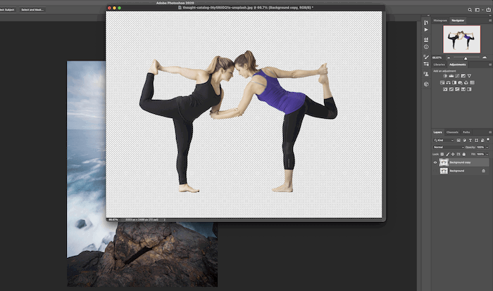 Screenshot of women in yoga pose image being transferred to background image in Photoshop for composite photography