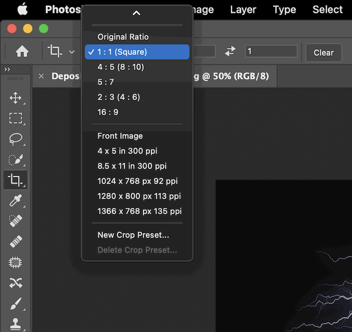 Screenshot of 1:1 (Square) ratio for kaleidoscope effect in Photoshop