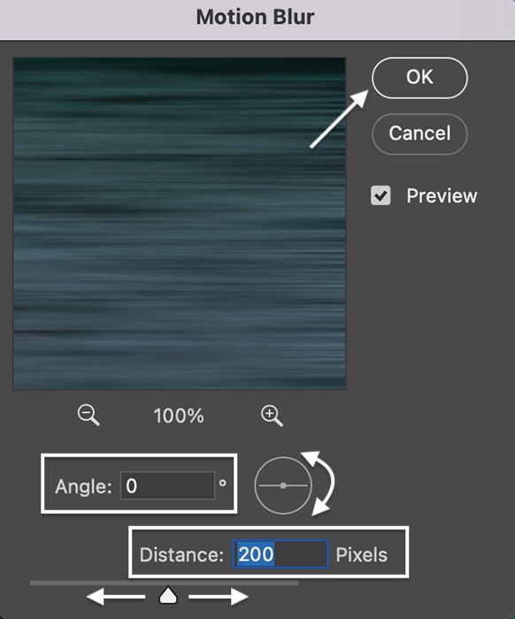 Screenshot of window for Motion Blur tool in Photoshop