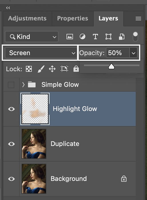 Screenshot of changing blending mode for Photoshop glow effect