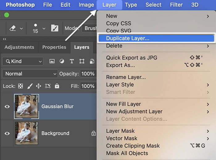 Screenshot of ballet dancer duplicate layer for gaussian blur Photoshop glow effect