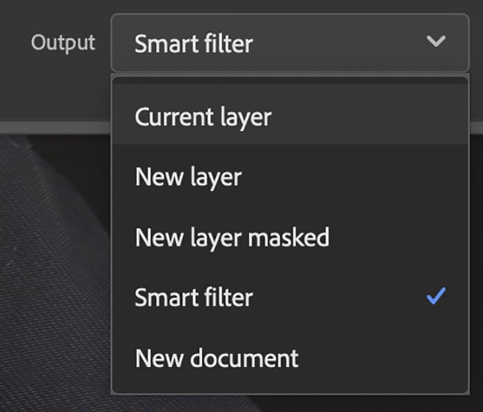 Screenshot of Photoshop Neural Filters panel of output options