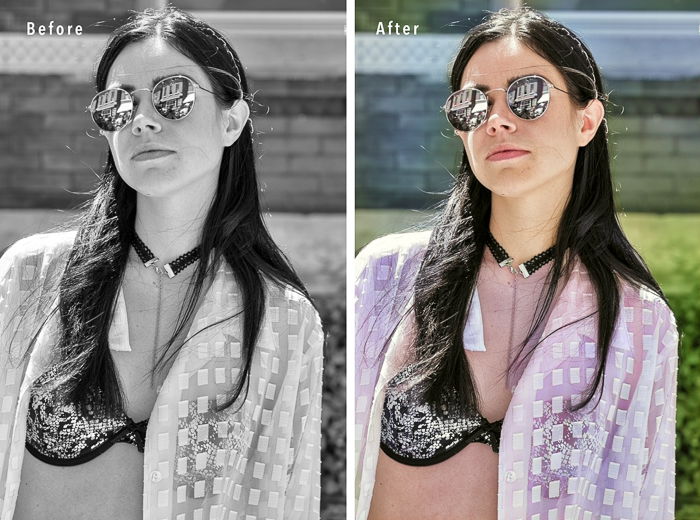 Images of a woman before and after using the Colorize Photoshop Neural Filter